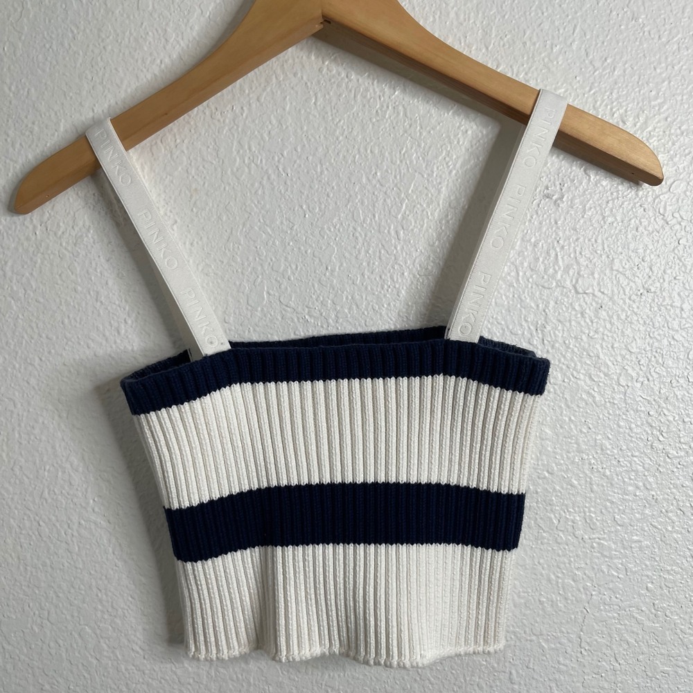 Pinko Womens Ribbed Knit Striped Crop Top Logo Straps Navy White‎ Sleeveless - Picture 4 of 4